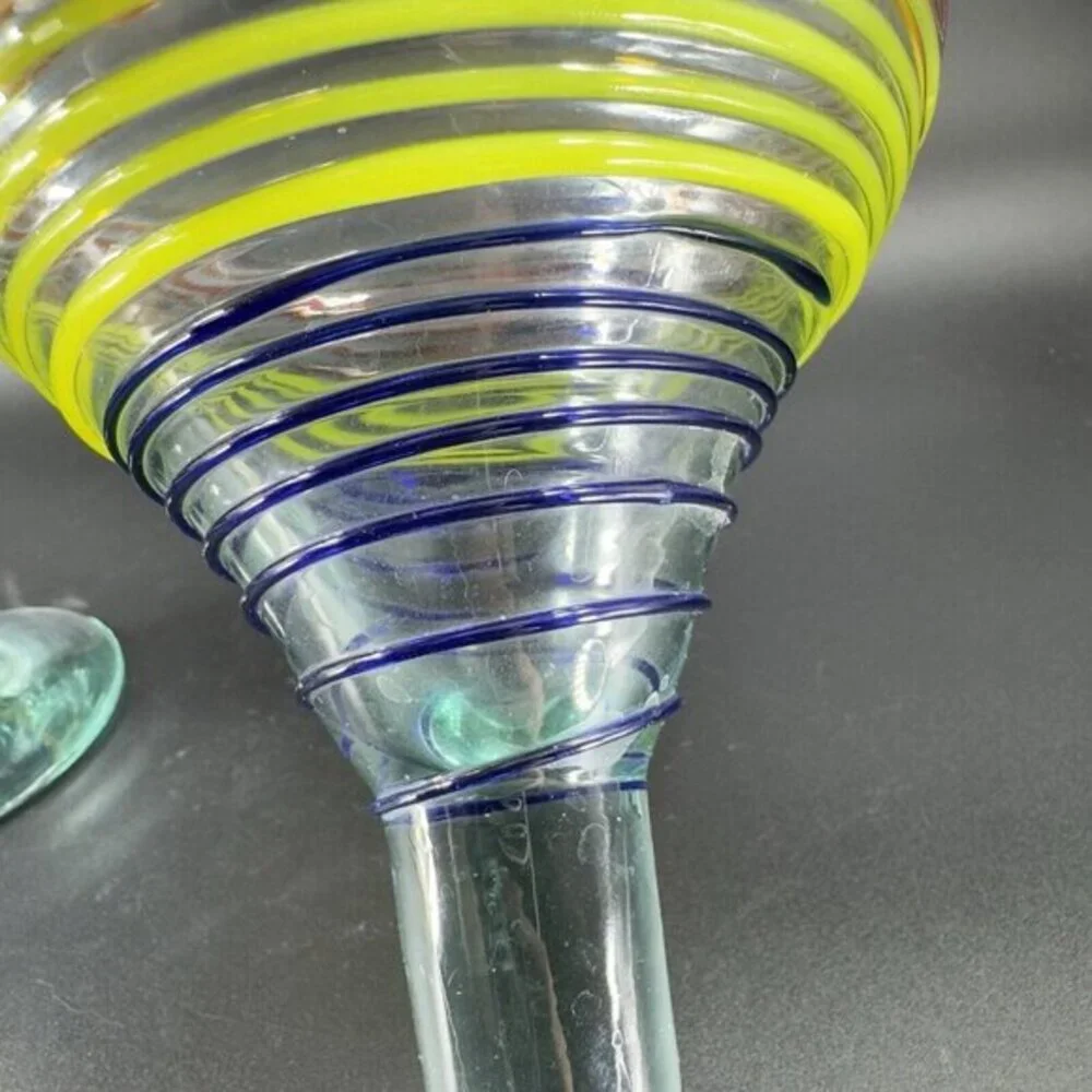 Hand Blown Glass‎ Margarita Glasses Set 2 Hand Made Glass Barware Multicolor VTG